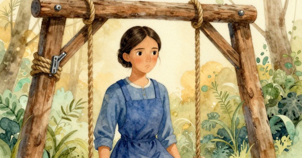 Viola 好奇檢視扭曲幾何結構的工具架與繩索機制,空間變形營造夢幻神秘氛圍。