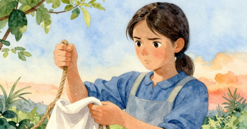 Viola 集中精神纏繞繩索,柔和光線映出內心掙扎與責任感,暗示小卡片中含有鼓舞。