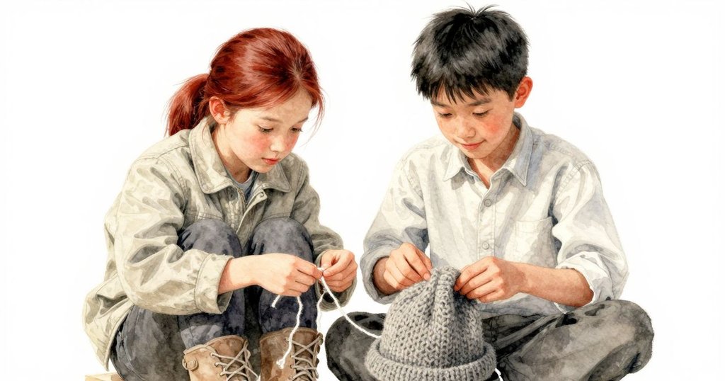 Colette的手細緻滑動羊毛帽和整理棉繩,環境細緻溫暖,展現專注和細心的神情