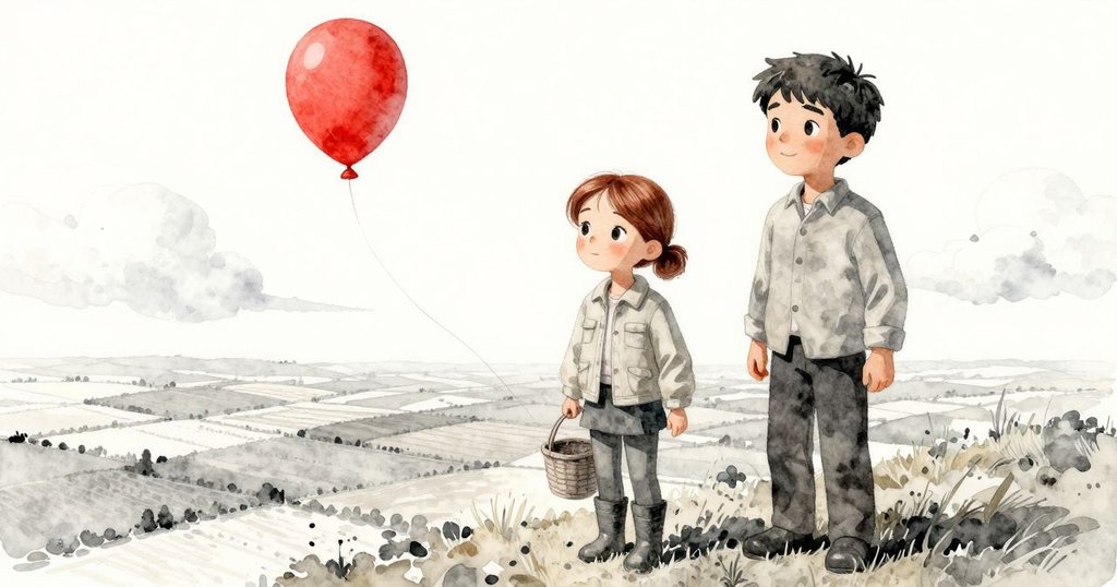 從高處視角看下,籃子緩降在拼布田野與積雲間,紅色氣球緩緩上升,營造出奇妙而寧靜的景致