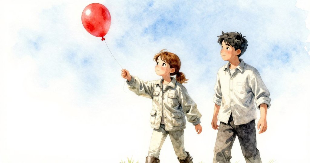 紅色派對氣球在明亮陽光下揚起軌跡,籃子緩慢下降,畫面中動態感明顯,充滿活力與寧靜