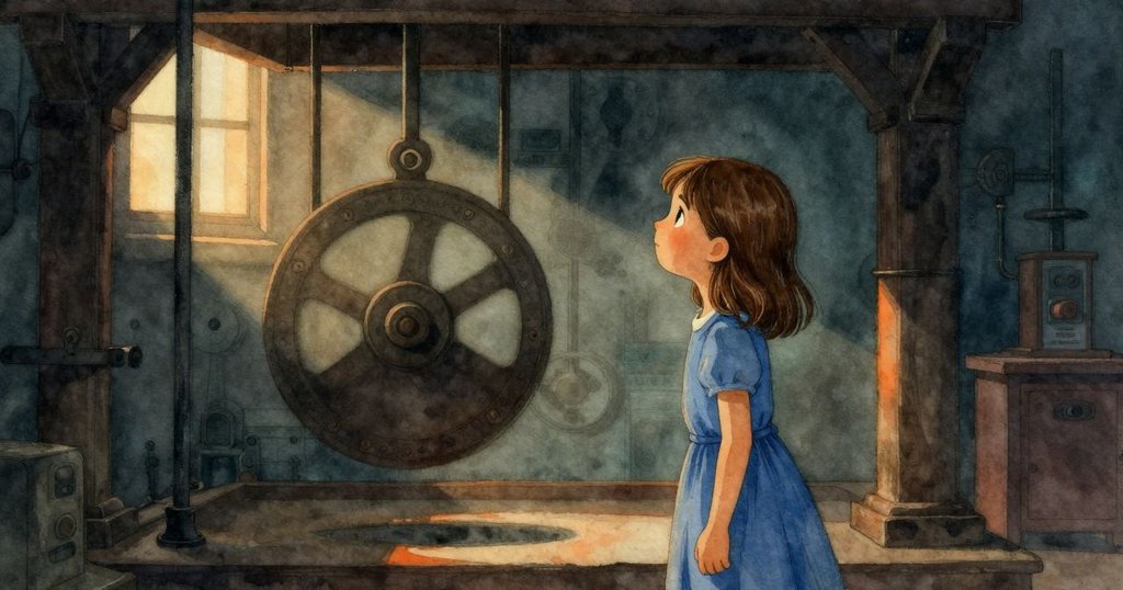 Ella站在晨光中於拱門前觀看緩慢擺動的鐘擺,表情專注,機械房內齒輪與玻璃細節豐富。