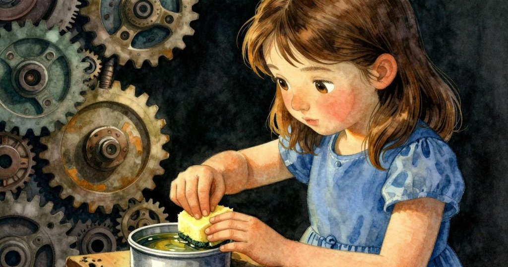 Ella專注地操作海綿清理齒輪,近距展示油罐與工具細節,表情專心,光線溫暖柔和。