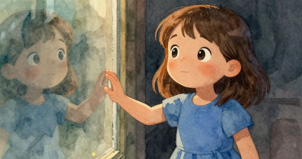 從低角度捕捉Ella的表情與手勢,她輕觸玻璃板,神情中流露出驚奇與靜謐的觀察。