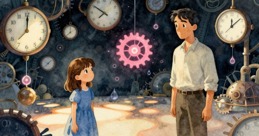 機械房內鐘擺與獨立時鐘交錯,齒輪因陽光顯現粉紅,滴油節奏分明,空間呈現夢幻超現實風格。