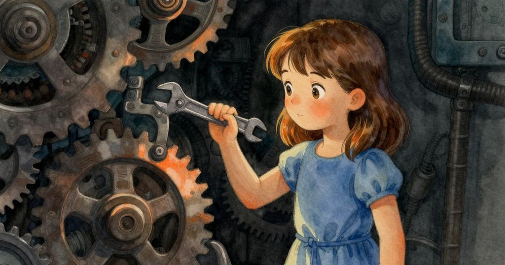 Ella停下手中扳手,專注觀察齒輪上閃耀的刮痕,神情中透露出糾結與決斷,場景充滿機械律動。