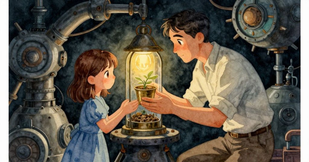 Garner在窗邊把玩銅杯,與專注作業中的Ella默契重聚,溫暖燈光中映出河曲及室內精緻機械細節。