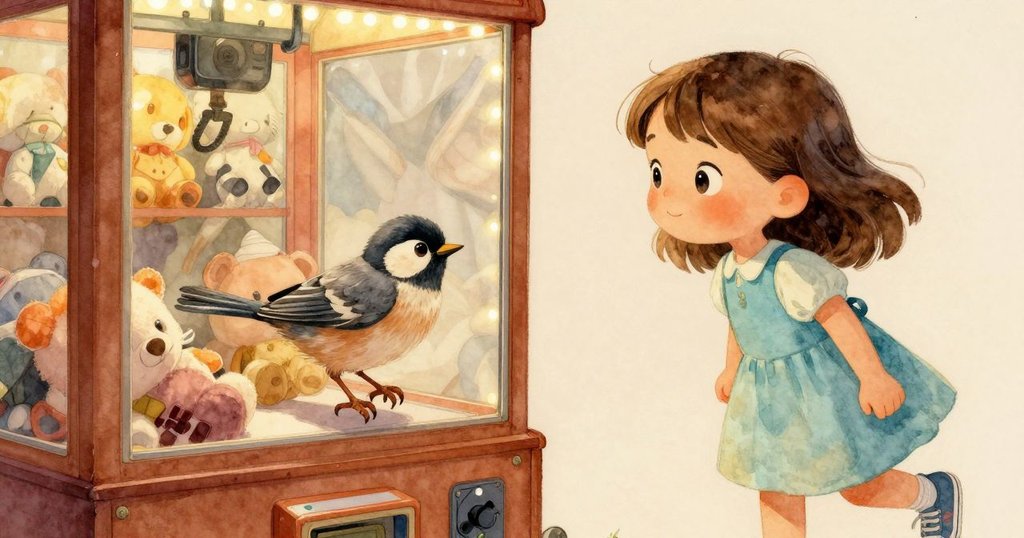 夾娃娃機內部細節展示時間痕跡,絨毛動物排列略顯不正,透出溫暖復古氛圍與歷史感。