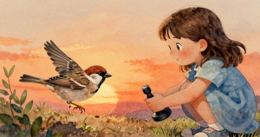 Flora 聚精會神操作操縱桿,手輕輕調整,旁邊麻雀活躍跳躍,背景呈現溫暖橙色和綠意。