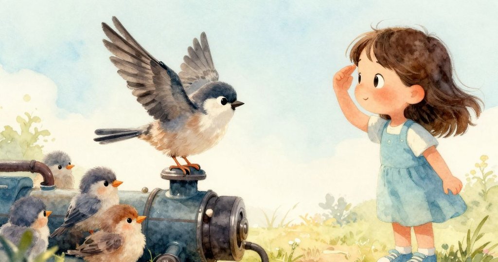 Flora 緩步離去,輕揮手向麻雀致意,後方夾娃娃機中玩偶重新排列,晨光柔和呈現寧靜結局。