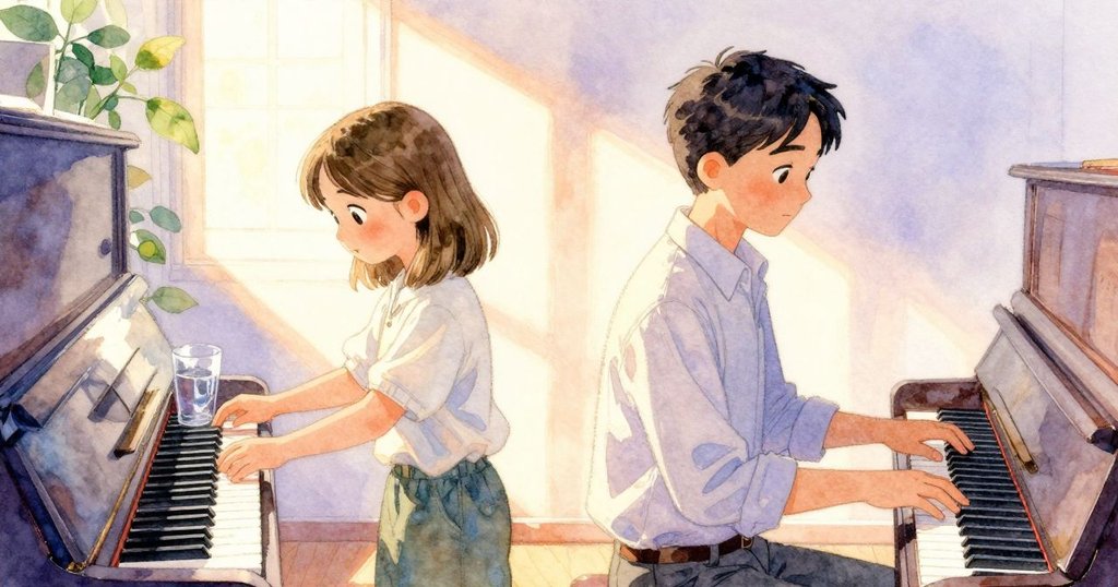 Cedric在室內鋼琴旁調整琴鍵,水杯中倒映出他和Haida輕觸琴鍵的影子,充滿溫暖光線與期待感。