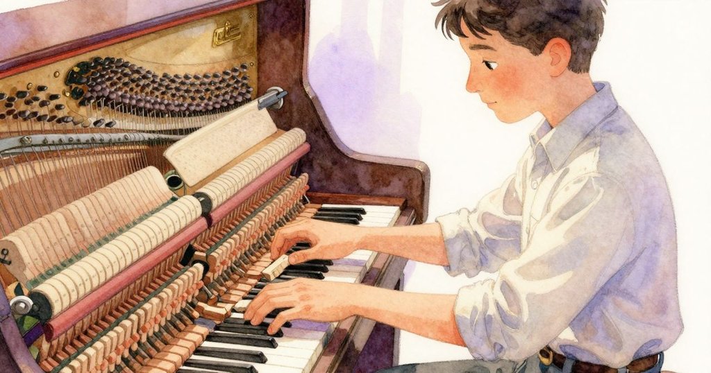 Cedric用手輕巧地夾入橡膠塞於琴弦之間,特寫展現琴鍵細節與光影交錯,充滿細膩專注感。