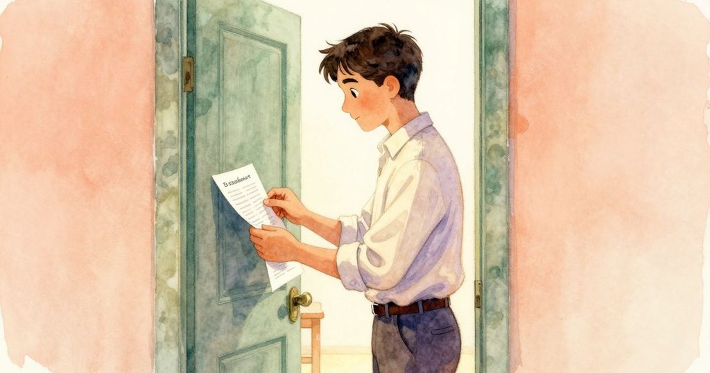 Cedric走向打開的前門,小心拾起桌上折疊傳單,展現尋找秘密的瞬間,光影交錯中充滿驚喜。