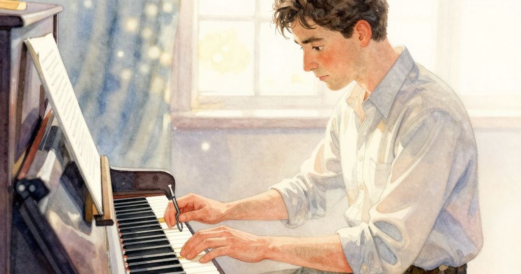 Cedric回到鋼琴旁,神情專注地調整橡膠塞並敲動音叉,細膩光影中展現領悟與平靜的瞬間。