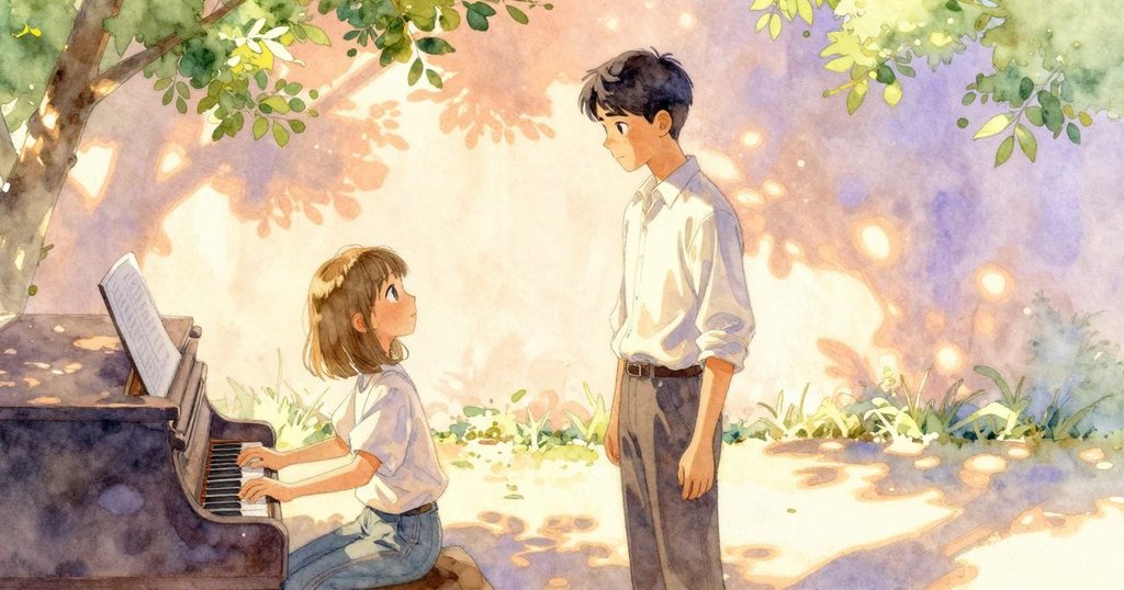 Haida與Cedric在鋼琴旁重逢,兩人展露溫馨微笑,溫暖光線與柔和陰影營造出和諧交流的美好時刻。