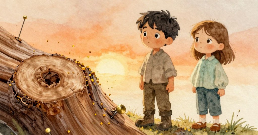 細緻展示風琴的雪松木紋和銅釘,上面漂浮著金色花粉,氛圍溫暖寧靜