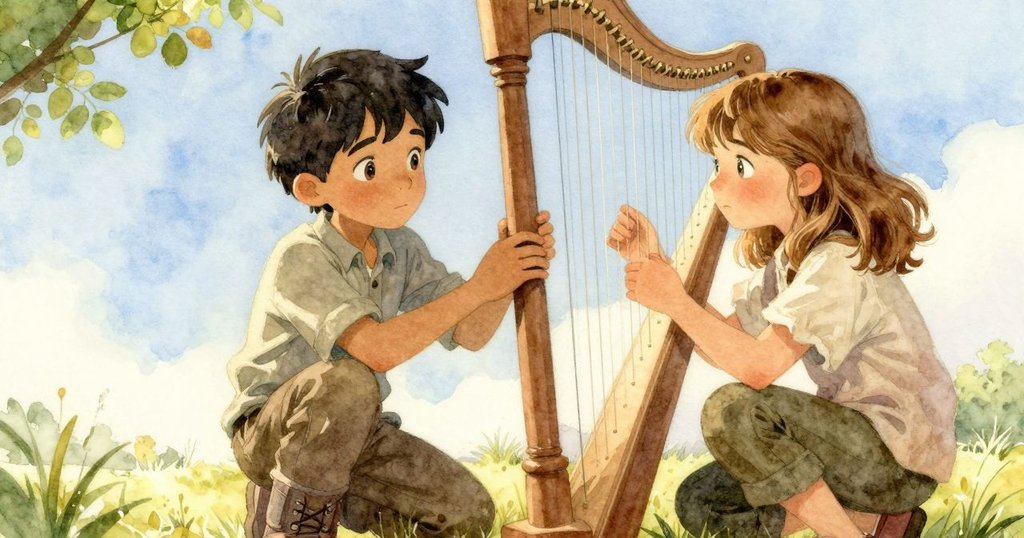 佳美蹲在風琴旁輕觸琴弦,拉金在後方靜聽,陽光灑落自然環境中,情感溫柔