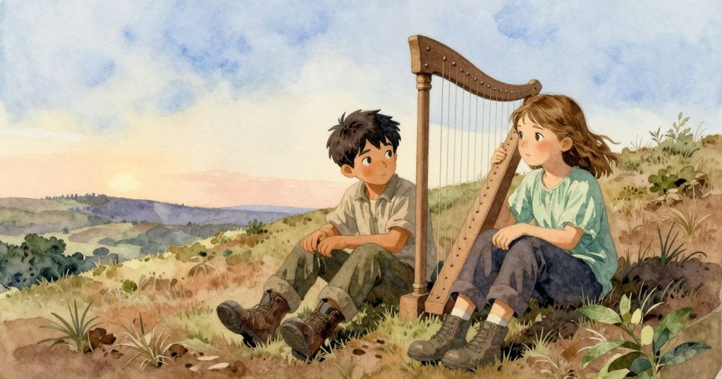 拉金與佳美坐於石凳旁,風琴發出柔和音律,夕陽灑落山丘,最終安靜與滿足蔓延