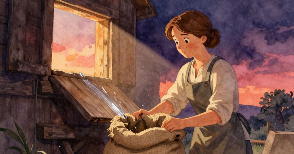 磨坊內部畫面，奧莉薇亞正站在工作台旁拿著空布袋，陽光透過開口灑落，燕子飛過，充滿活力與希望。