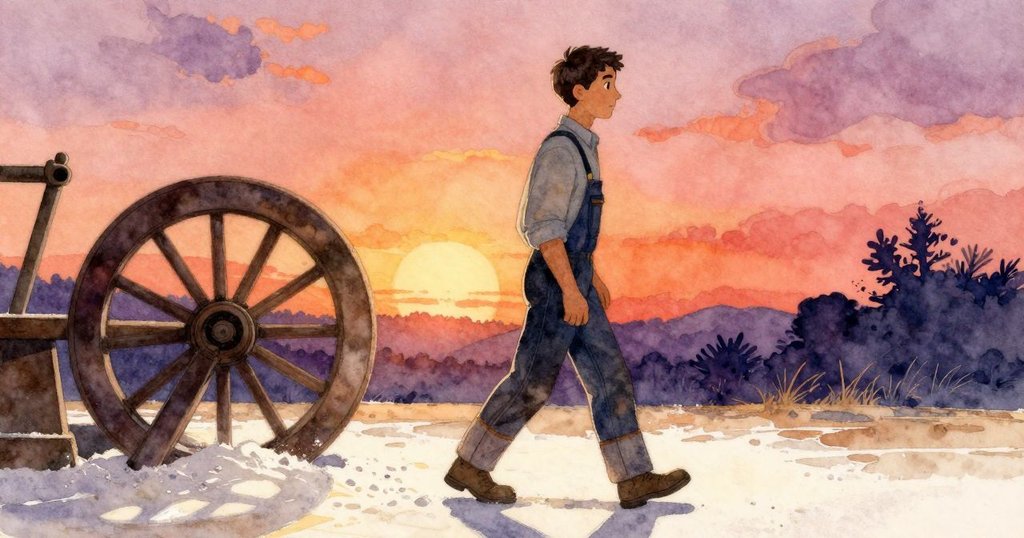 凱恩在麵粉覆蓋的磨坊地板上行走，靜謐中感受到石頭的溫暖，他的動作充滿專注與力量。