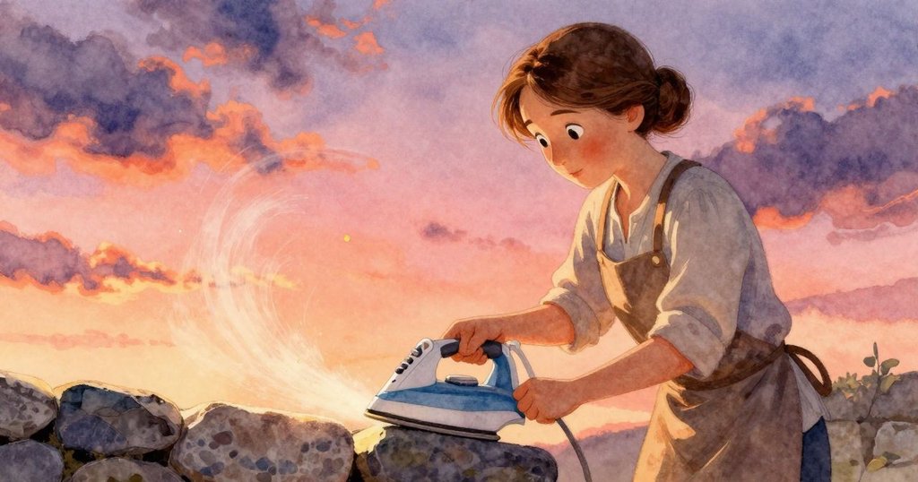 奧莉薇亞專注操作機械，推動鐵桿調控石輪間隙，金色光線下揚起細塵，她的動作精準而溫柔。