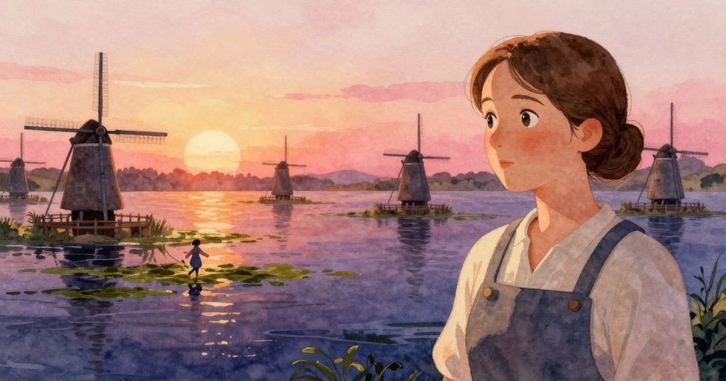 磨坊畫面呈現寧靜過渡，低水流中苔蘚輕搖，奧莉薇亞沉靜後退，感受時間流逝與環境變化。