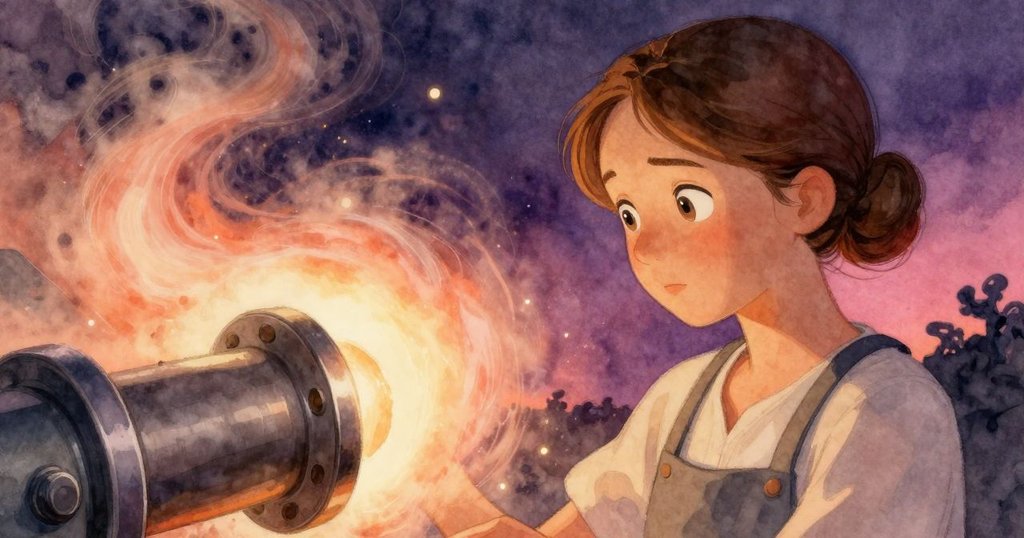 近距離聚焦細塵旋渦，猶如星系般耀眼，奧莉薇亞神情驚奇專注於細節，彰顯奇妙發現。