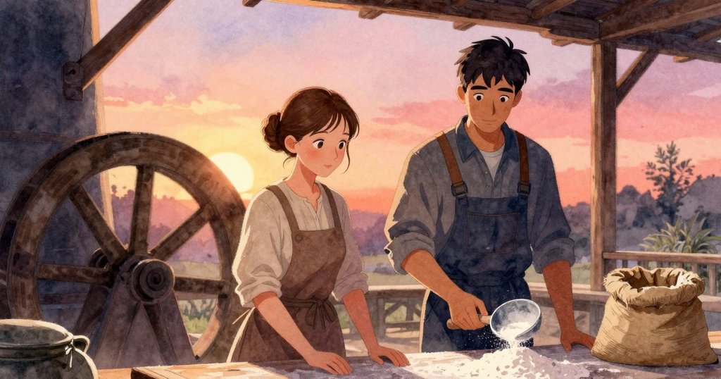 磨坊全景中，轉動的石輪持續運行，空布袋靜置，凱恩細心放置麵粉勺，結尾畫面流露平和與延續。