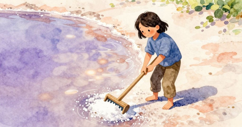 Keira在鹽池邊操作鹽耙, 手滑過光亮木柄, 倒映水面, 陽光柔和, 表情專注開啟工作。