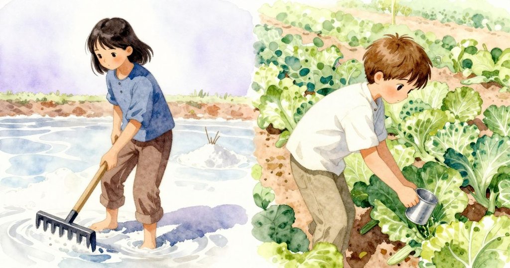 Keira與Dante在對比情境中呈現, 左側鹽池操作耙子, 右側田野中響起杯響, 節奏分明, 充滿回憶和現實交錯感。