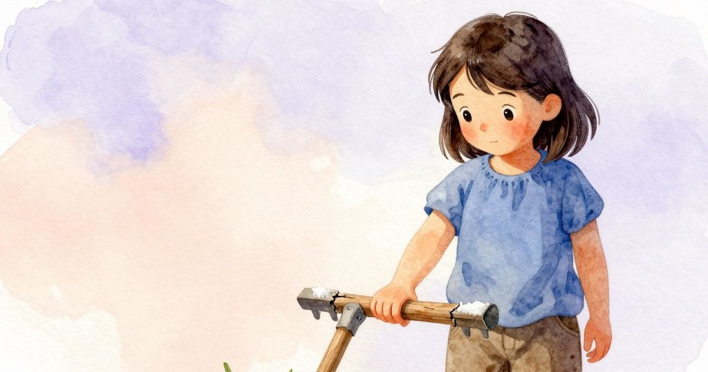 Keira正仔細檢視鹽耙裂縫, 透過手持工具的細節, 微光映襯下顯出鹽粒閃耀, 心情專注而謹慎。