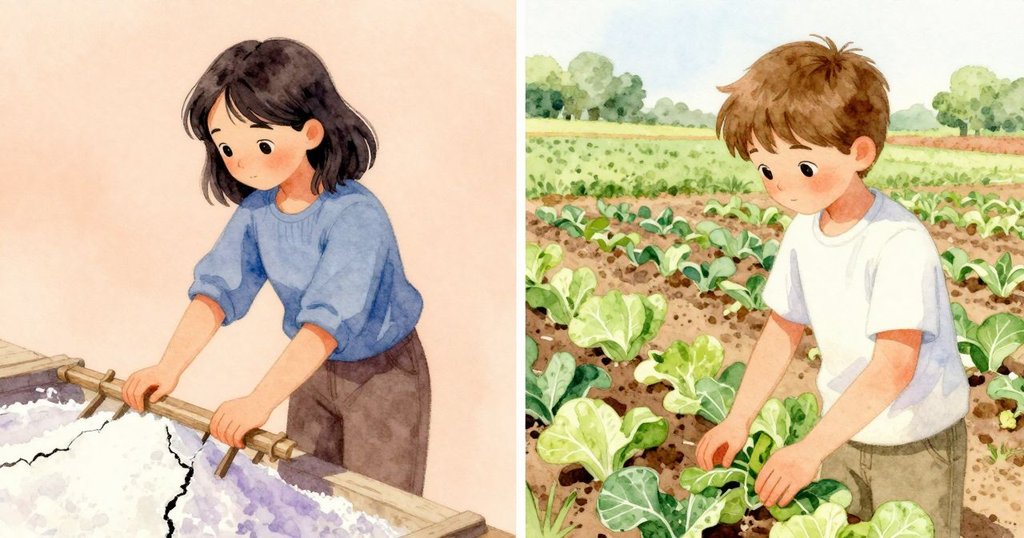 Keira一邊輕撫破損鹽耙修正技法, 另一邊浮現田野播種記憶, Dante靜靜守望, 雙重情境交織呈現。