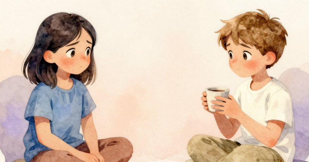 Keira與Dante面部表情生動展現內心掙扎, 鹽耙操作與杯敲聲交織, 陽光柔和, 情緒細膩呈現。