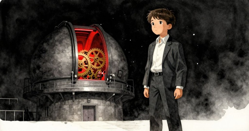 Linden走進暗淡天文台，步入充滿紅色光暈與金屬光澤的空間，神情充滿期待與謹慎