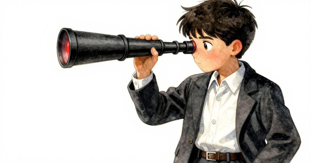 Linden特寫，他手按調焦旋鈕，眼神中展現堅定與好奇，紅燈映照下充滿靜謐機械感