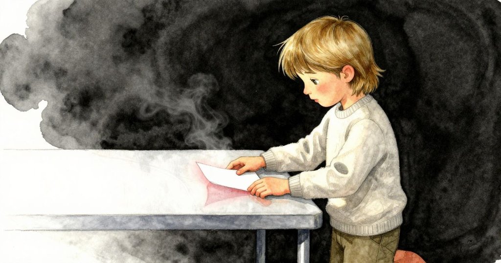 Finn放下筆記本，筆記本與金屬桌面反光交織，環境中透出懷舊與溫柔的情感