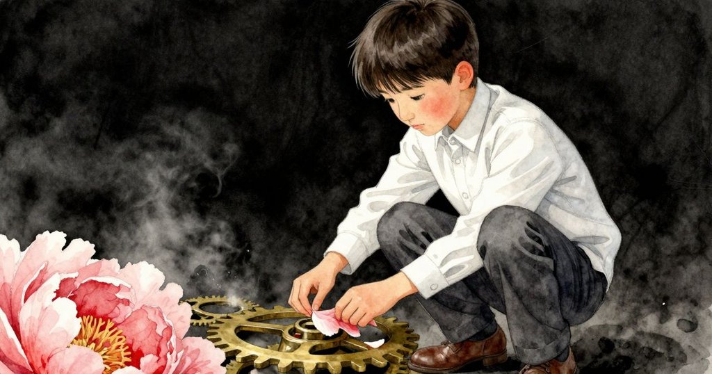 Linden蹲下從黃銅齒輪中小心拔出凋零芍藥花瓣，畫面細膩展現他專注、溫柔的探索精神