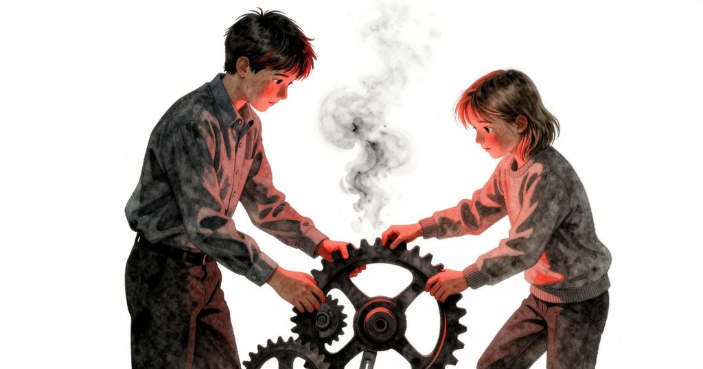 Linden與Finn聯手轉動齒輪，神情中兼具掙扎與期盼，紅光映照下齒輪隱約開始啟動