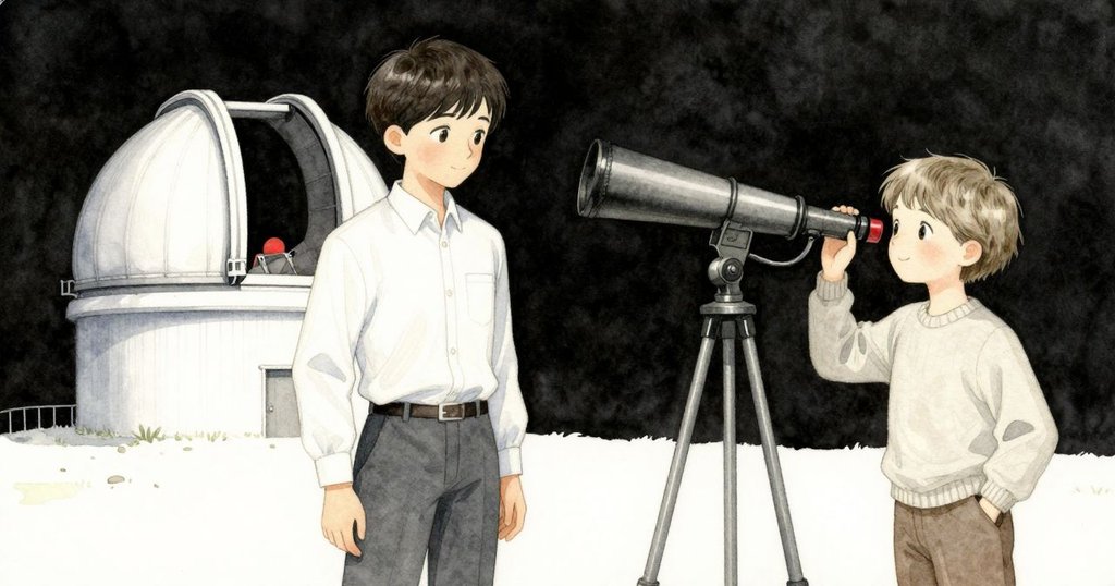 Linden凝視修復後的望遠鏡，Finn靜立一旁，整個天文台充滿了重燃的光芒與平靜好奇的新希望