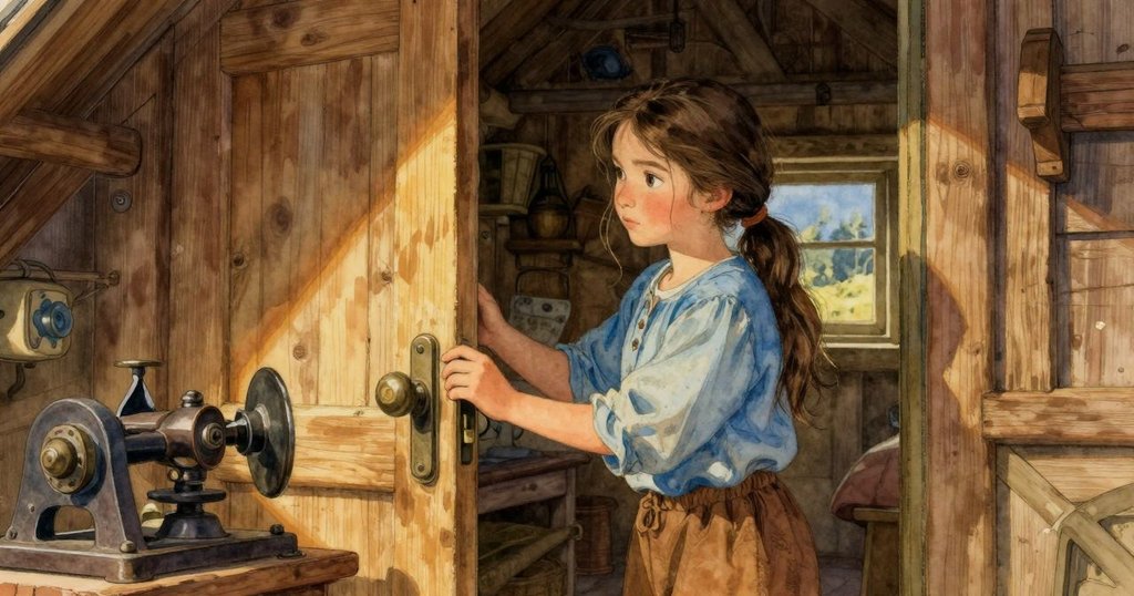 烏拉在溫暖小屋內調整懷舊收音機旋鈕，燈光與陰影交錯，展現神秘且專注情緒，場景充滿溫馨氛圍