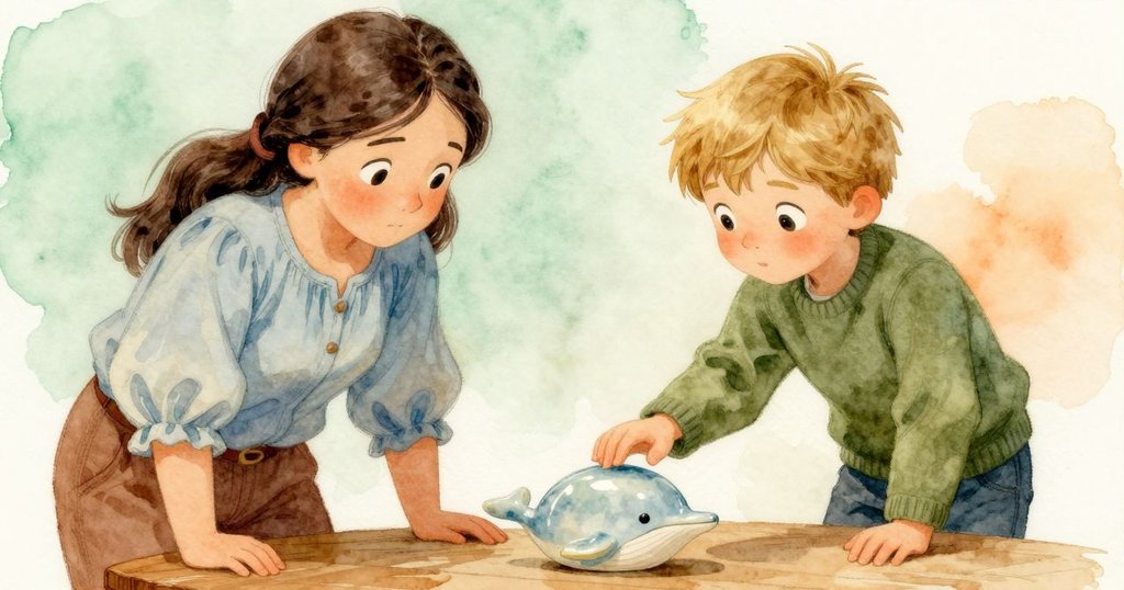 烏拉手部特寫，輕觸桌上陶瓷獨角鯨紙鎮，細節豐富，背景溫暖柔和，展現細膩專注情感與物品對比