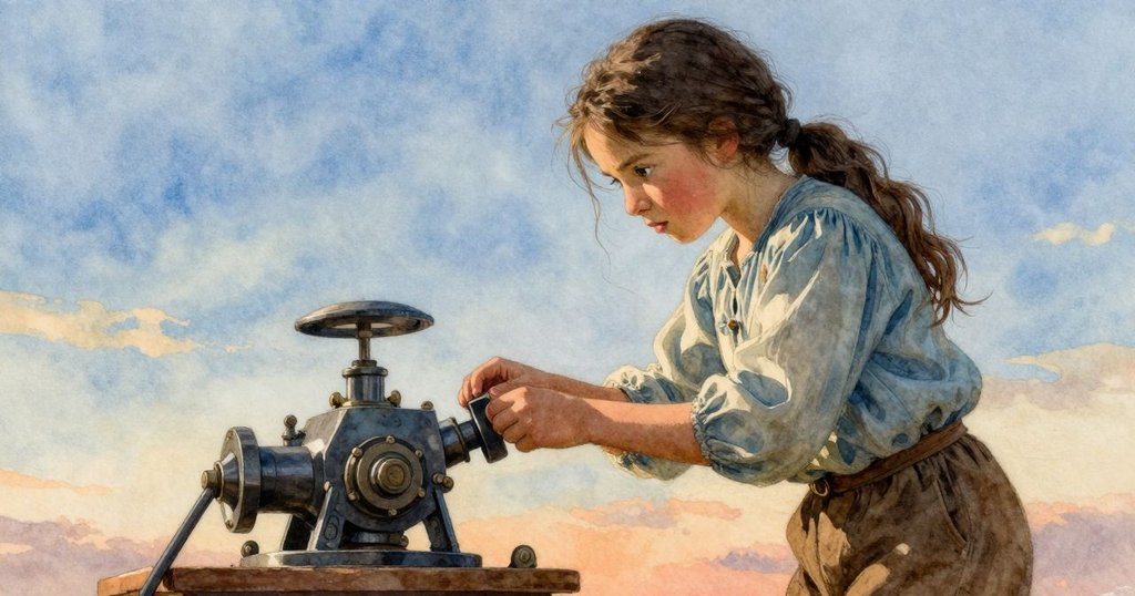 低角度畫面中烏拉專注調整機器旋鈕，神情堅定，動作精細，背景露出木質牆面與柔和光影，氣氛凝重