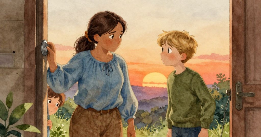 烏拉猶豫將手停留在儀表上，羅南從門口探視，場景充滿緊張與期待，夕陽溫暖光線灑落小屋內