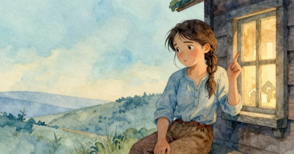 烏拉在黃昏中於小屋內靜思，指尖輕搭旋鈕，窗外天線微振，畫面透露出未解之謎和續章可能性