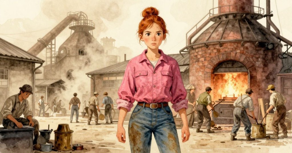 威拉在熾熱爐旁與工友忙碌作業,背景有火紅爐牆和熱氣氤氳,展現團隊合作與求精精神。