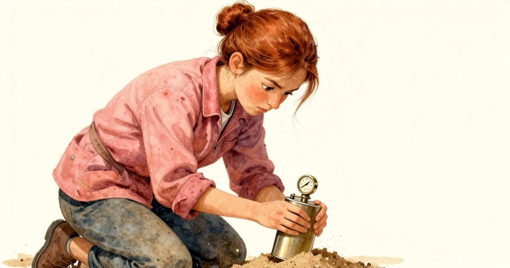 威拉跪於沙地旁專心填沙入橡木瓶,細膩捕捉她操作細節,展現專注與緊迫工作氛圍。