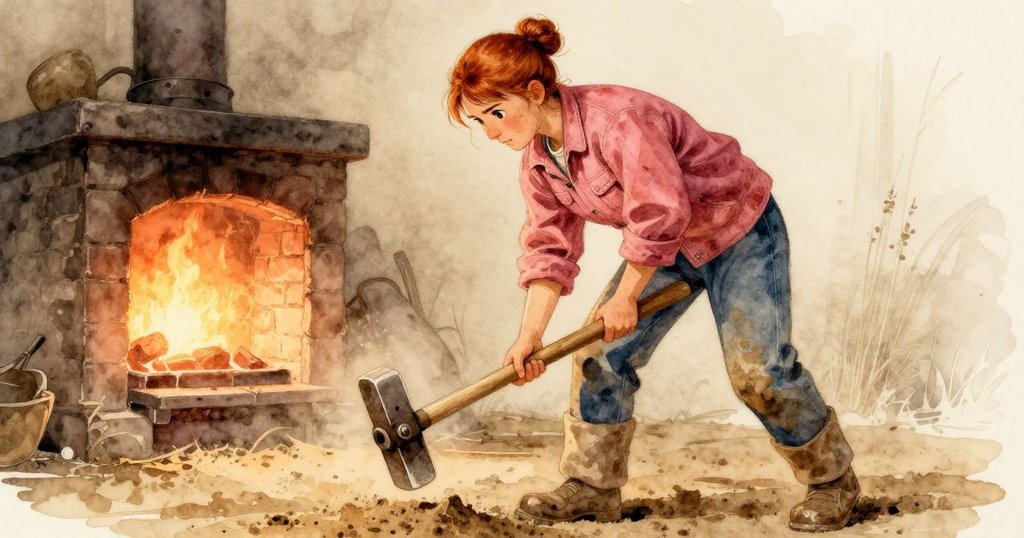 低角度拍攝威拉專注操作木槌整平沙門,爐火映襯其堅毅神態,營造出緊張且充滿動力的場景。