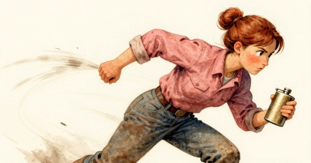 威拉迅速推動橡木瓶向熔口移動,動態軌跡凝聚瞬間,一鐵屑飛掠靴旁,展現火熱緊迫氛圍。