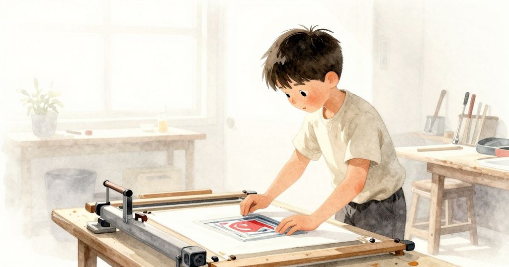 希勒斯在工作坊內開始印製，柔和晨光和輕霧襯托著溫暖的環境，神情專注