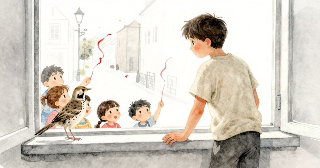 窗外草鶯靜坐窗台上注視著街上孩子們揮舞彩帶奔跑，與工作坊內景相輔相成